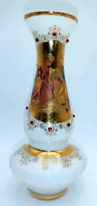 VTG White Glass Vase Bohemian Red Cabochons & Gilt 13-3/4"H Courting Couple MCM - Picture 1 of 17