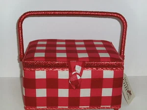 Hobby Gift Medium Red/White Over Sized Check Design Fabric Covered Sewing Box - Imagen 1 de 1