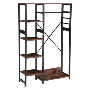 160cm Tall Wooden Corner Open Wardrobe Industrial Metal Frame Clothes Rail Shelf - Picture 1 of 9