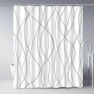 Gray and White Striped Fabric Shower Curtain for Bathroom with 12 Rings 72x72 - Picture 1 of 7