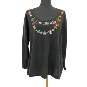 Jack B Quick Jeweled Black Embellished Sequins Beaded Cotton Blend Sweater XL - Picture 1 of 6