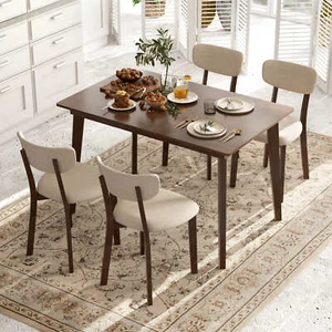 Farmhouse Wooden Table & 4 Upholstered Chairs w/ Rubber Wood Frame-Brown - Picture 1 of 9