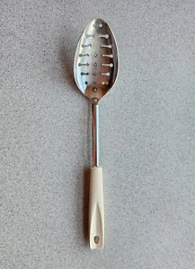 Vintage EKCO USA Metal Slotted Keyhole Serving Spoon 12" Ivory Handle MCM - Picture 1 of 10