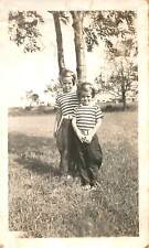 Vintage 1920s Adorable Matching Outfits Young Sisters Outside Stripes B&W Photo