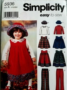 Simplicity 5936 girl JUMPER HAT PANT TOP 1/2-4 chest 19-23 pattern Uncut FF 2002 - Picture 1 of 5