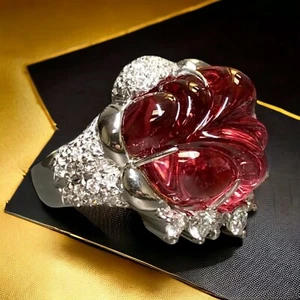 Estate Platinum Carved Rubellite Tourmaline Diamond Cocktail Dome Ring 21.40ctw - Picture 1 of 10