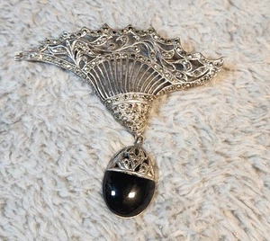 Vintage Sterling Silber 925 schwarzer Onyx und Markasiten Anhänger/Brosche - Bild 1 von 6