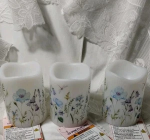 Set 3 Floral Garden LED FLAMELESS PILLAR CANDLE DRAGONFLY flickering toggle NEW - Picture 1 of 12