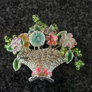 Enamel & Beaded Flower Basket Silver Tone Brooch Pin Colorful 2" x 2.25" - Picture 1 of 16