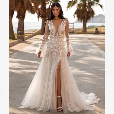 Long Sleeve Deep V Neck Lace Mermaid Boho Split Side Wedding Dress Bridal Gown - Image 1 of 4