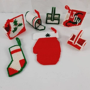 Vintage Handmade Christmas Ornaments Plastic Canvas Crafted 7pc Joy Mailbox - Picture 1 of 19