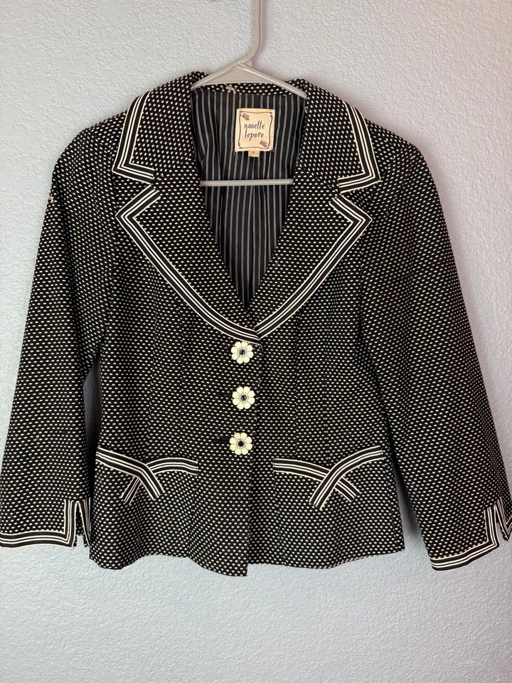 Chaqueta Nanette Lepore Mujer 2 Negro Blanco Lunares Flor Botón Blazer Retro Foto 1 de 4