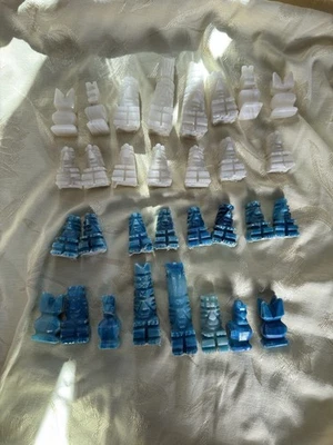 VTG Hand Carved Mexican Marble Onyx Aztec Blue White Chess Set Pieces MCM Rare - Image 1 of 4