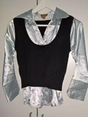 Copper Key black vest shirt satin blue dots attached  juniors women size M new - Image 1 of 3