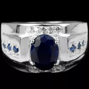 GENUINEAAA BLUE SAPPHIRE OVAL & WHITE CZ STERLING 925 SILVER RING SIZE 8.25 - Picture 1 of 6