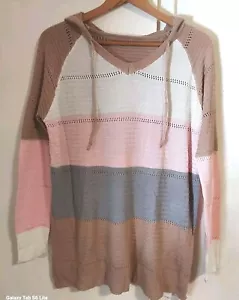 Sync Size Medium Color Block Knit Drawstring V-Neck Hoodie Top Brown Pink Multi - Picture 1 of 7