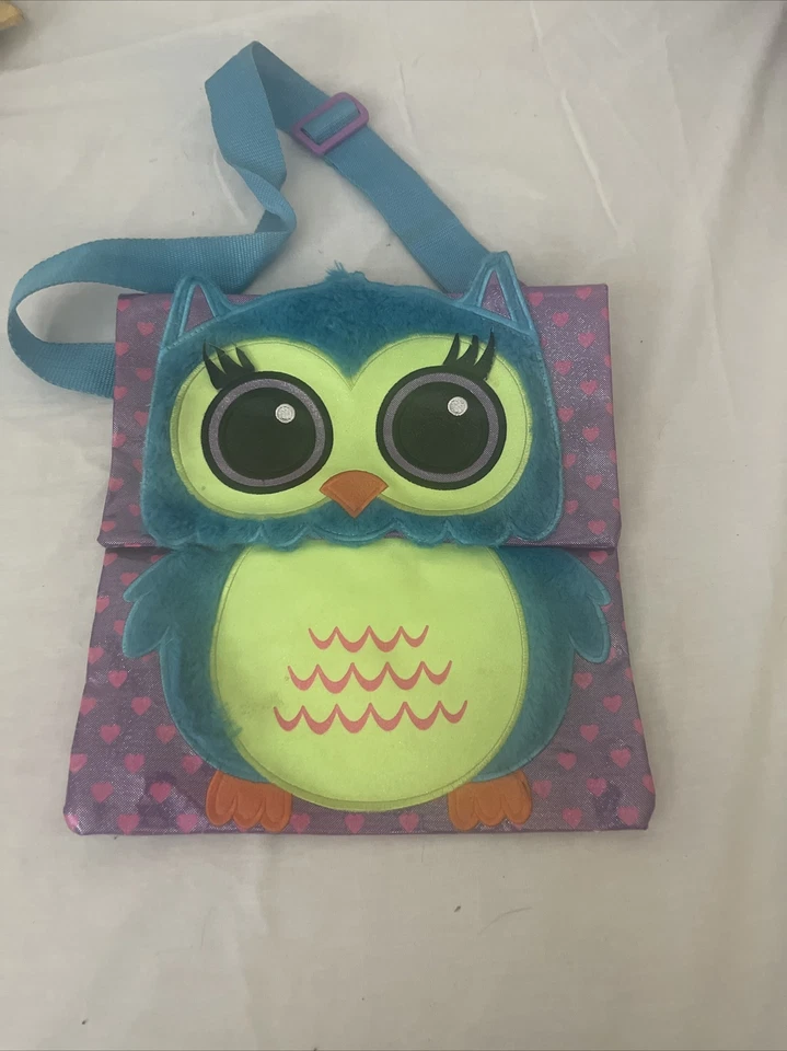 Justice Cross Body Messenger Bag - Purple w/ Blue Fur Owl & Pink Hearts - Rare - Image 1 of 4