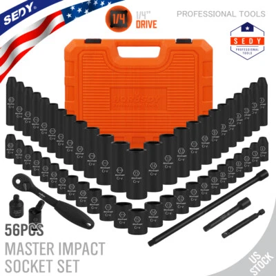 56PC 1/4" Drive Shallow & Deep 6-Point Socket Set Extension Bar Universal Joint - Image 1 of 4