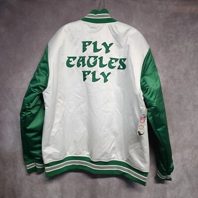 Jaqueta bombardeiro de cetim branca nova com etiquetas Mitchell & Ness NFL Philadelphia Fly Eagles GG - Imagem 1 de 4