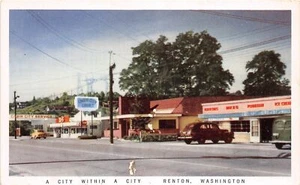Postal cromada F32/Renton Washington tiendas de la calle principal cabina patio de la ciudad - Imagen 1 de 4