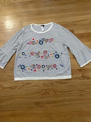 Talbots Women’s Bell Sleeve Striped Floral Embroidered Top Size 3X Cotton - Image 1 of 4