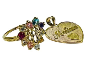 10K Yellow Gold MOM Pendant & MOM Birthstone Ring 4.9 Grams - Picture 1 of 9
