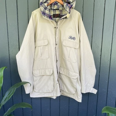 Vintage Pepsi Cola Field Jacket XL Beige Plaid Lined Hooded Workwear Coat - Image 1 of 4