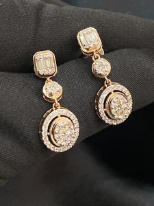 Pave 1.25 Cts Round Baguette Cut Natural Diamonds Dangle Earrings 14ct Rose Gold - Picture 1 of 12