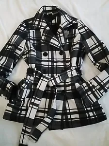 Jou Jou Womens Belted Coat Double Breasted Black White Plaid Buttons Lined M OB2 - Picture 1 of 7