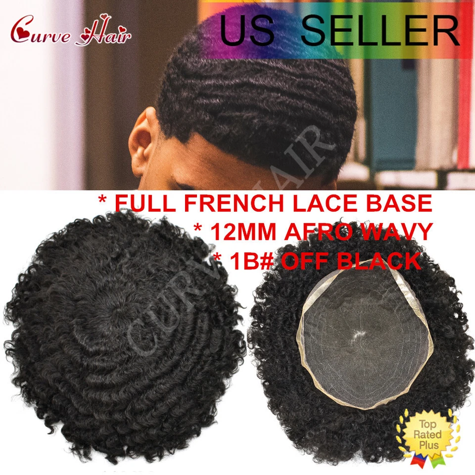 US Afro Curly Weave Mens Toupee HairPiece Full Lace African American Hair Syste - Image 1 of 4