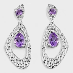 STERLING SILVER Earrings Amethyst Hammered Effect Birthstone February Gift - Picture 1 of 7