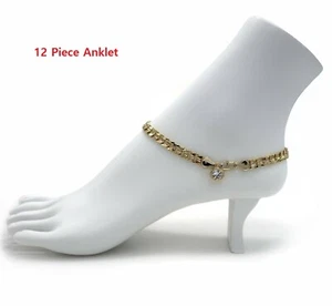12 Piece CONCAVE CUBAN LINK CHAIN ANKLET CZ 6mm ANKLE BRACELET 14K GOLD PLATED - Picture 1 of 5