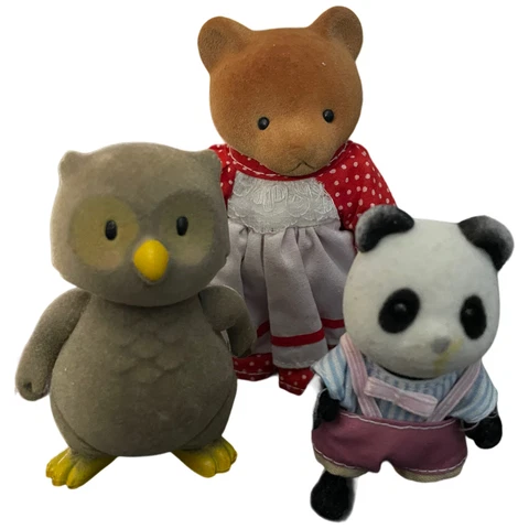 Vintage SYLVANIAN FAMILIES Calico Critters flocked figures Mama Bear, Owl, Panda Cover