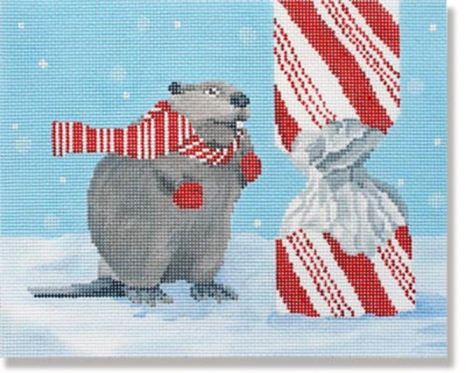 Needlepoint Handpainted Christmas CBK Beaver with Candy Cane - Image 1 of 1