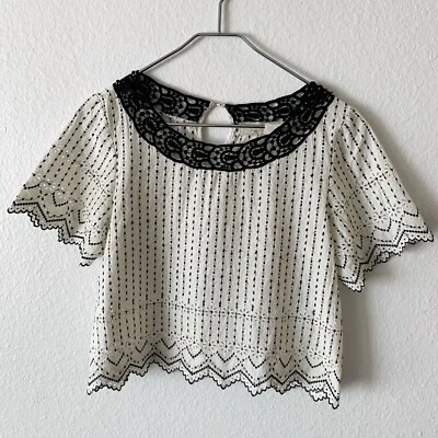 Jen's Pirate Booty Short Sleeve Black & White Crop Top Eyelet Detail Lace SZ XS  - Image 1 of 4