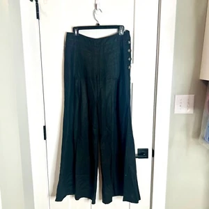 Elevenses Black Extra Wide Leg Linen Blend Side Button High Rise Pants Size 6 - Picture 1 of 3