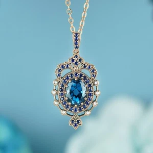 9K Gold Natural London Blue Topaz Sapphire Pearl Vintage Style Pendant - Picture 1 of 10