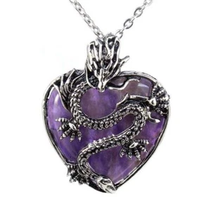 Dragon Crystal Heart Stone Pendant Amethyst Quartz Agate Necklace For Men Women - Picture 1 of 17