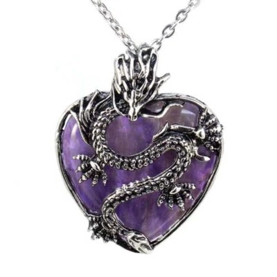Dragon Crystal Heart Stone Pendant Amethyst Quartz Agate Necklace For Men Women - Image 1 of 4