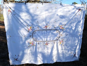 Vintage Embroidered cotton Tablecloth 62x78" FLOWERS crochet accents - Picture 1 of 10