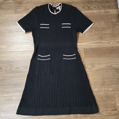 J.Crew Dress Womens L Black Short Sleeve Cable Knit Sweater Preppy Academia  - Image 1 of 4