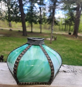 Antique Bent Green Slag Glass 6 Panel Lamp Shade - Picture 1 of 13