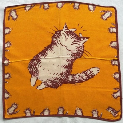 Vintage Handkerchief Cotton Cute Cat Orange Pattern Kitten Border Art Hanky 17" - Image 1 of 3