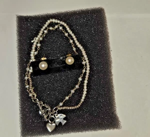 GENUINE SALTWATER PEARL BRACELET AND STUD EARRINGS HEART & DOVE CHARMS ANTIQUE - Picture 1 of 7