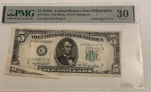 Error Note 1950-A FRN Philadelphia $5 U.S. dollar Fr# 1962-C PMG 30 Gutter Fold - Picture 1 of 2