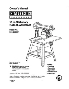 Craftsman 315.220381 Radial Arm Saw Owners Instruction Manual - Picture 1 of 1