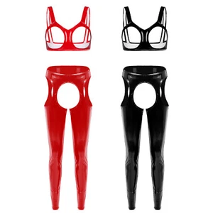 DE Damen Wetlook Dessous Set Lackleder BH Oberteil Pantyhose Reizwäsche Clubwear - Bild 1 von 19