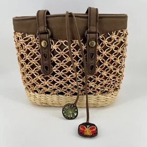 Lucky Brand Woven Straw Canvas Boho Bohemian Festival Tote Bag Market - Picture 1 of 18