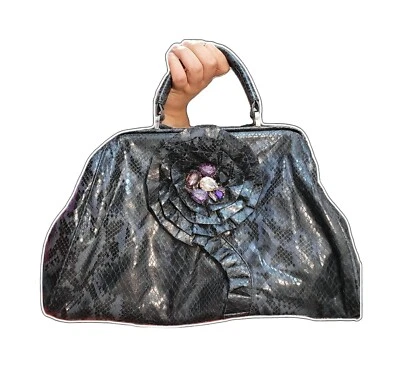 Jessica Simpson Blue Crocodile ALLIGATOR FLOWER ROSETTE JEWEL Crystal BAG - Image 1 of 4