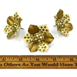 Vintage OVER-SIZED FLORAL PUSH PIN Lot of 3 GOLDEN FLOWER TACKS Curtain Tie-Back - Picture 1 of 5